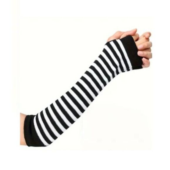 Black & White Striped Fingerless Gloves Punk Goth Emo Scene Arm Warmers - Picture 4 of 6